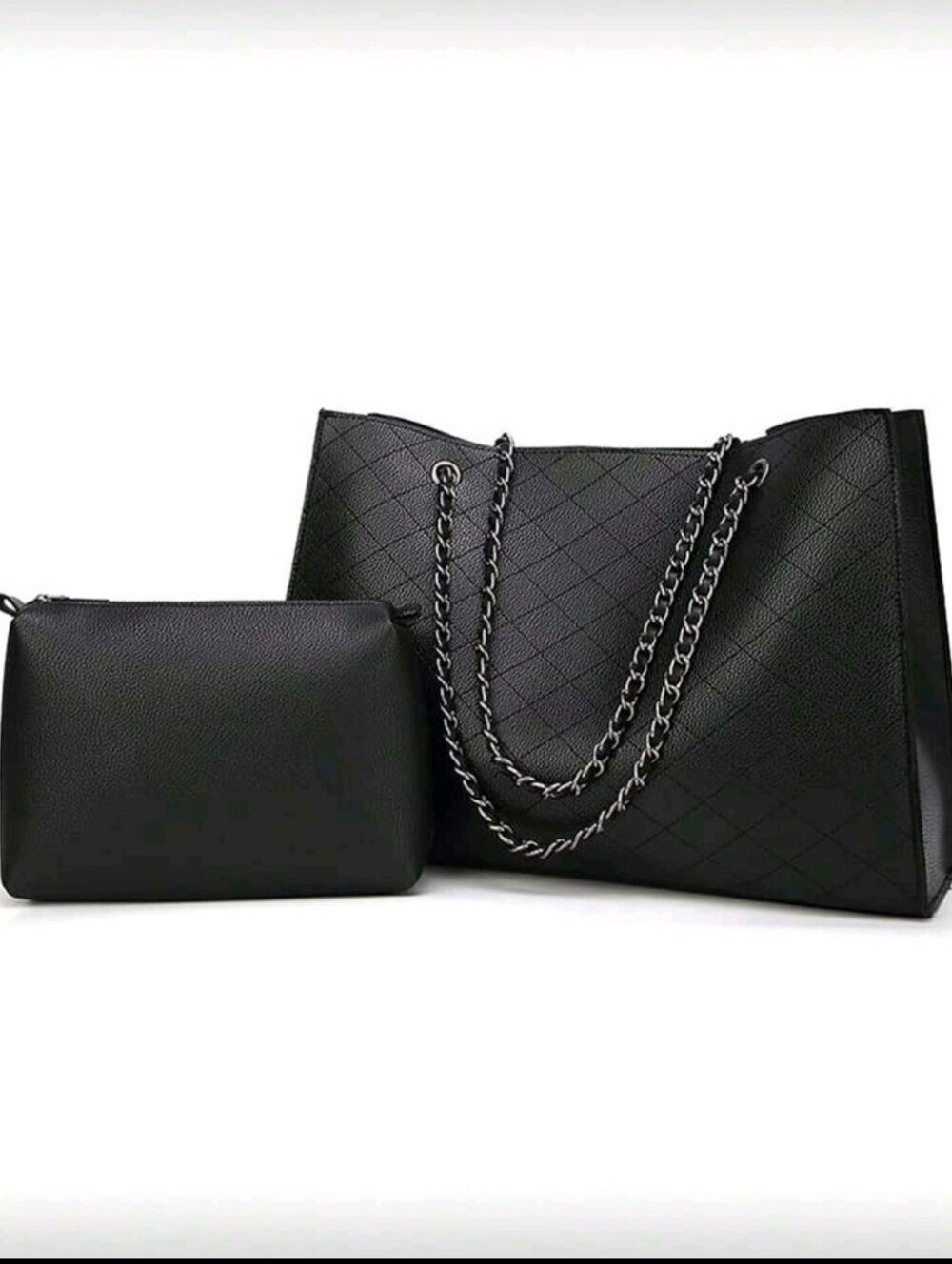 Black Tote Bag Set with Chain Straps - Ladies Handbag